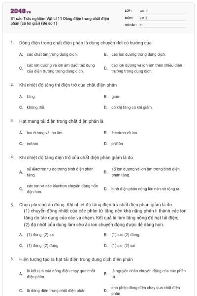 31 câu Trắc nghiệm Vật Lí 11 Dòng điện trong chất điện phân (có lời giải) (Đề số 1)