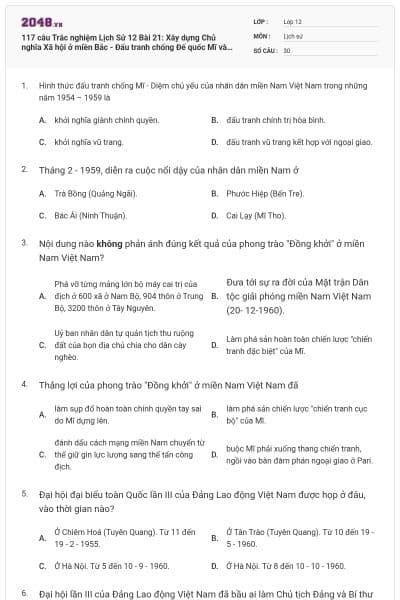 117 câu Trắc nghiệm Lịch Sử 12 Bài 21: Xây dựng Chủ nghĩa Xã hội ở miền Bắc - Đấu tranh chống Đế quốc Mĩ và chính quyền Sài Gòn ở miền Nam (1954-1965) (P3) có đáp án