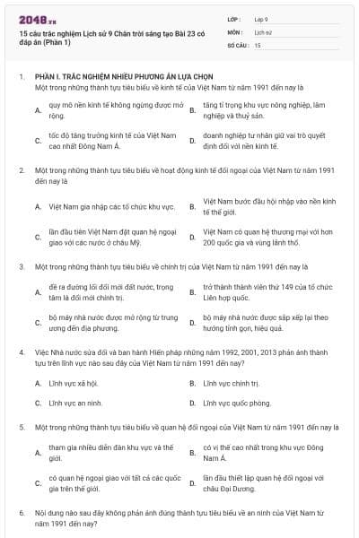 15 câu trắc nghiệm Lịch sử 9 Chân trời sáng tạo Bài 23 có đáp án (Phần 1)