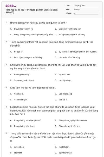 Tổng hợp đề thi thử THPT Quốc gia môn Sinh có đáp án (Đề số 5)
