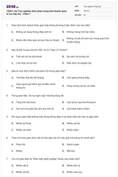 1000+ câu Trắc nghiệm Đàm phán trong kinh doanh quốc tế (có đáp án) - Phần 7