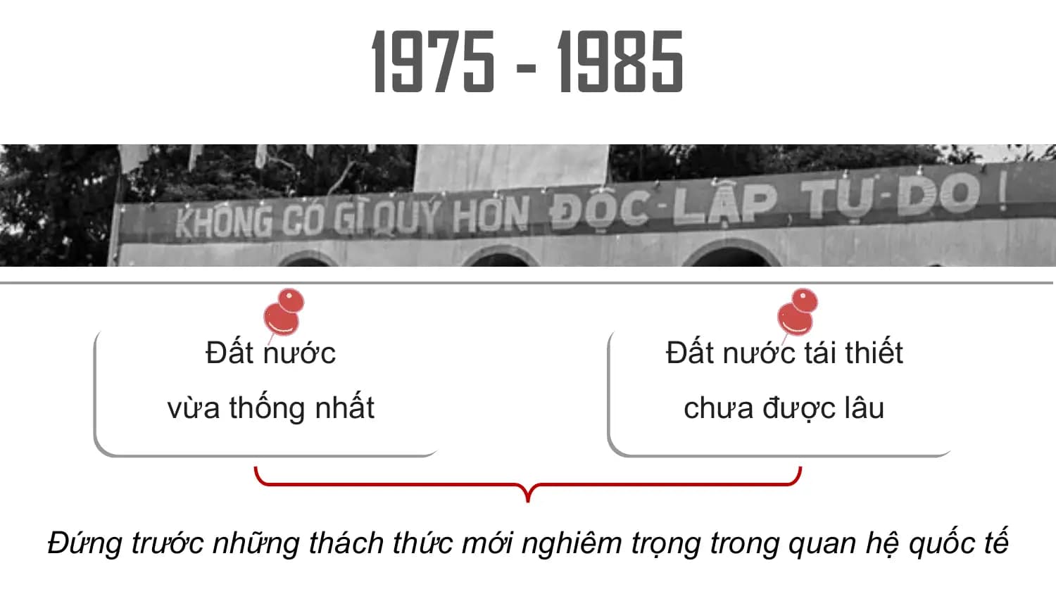 1975 - 1985

 Đất nước Đất nước tái thiết
 vừa thống nhất chưa được lâu

Đứng trước những thách thức mới nghiêm trọng trong quan hệ quốc tế