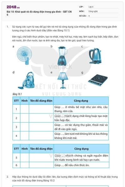 Bài 10: Khái quát về đồ dùng điện trong gia đình - SBT CN 6