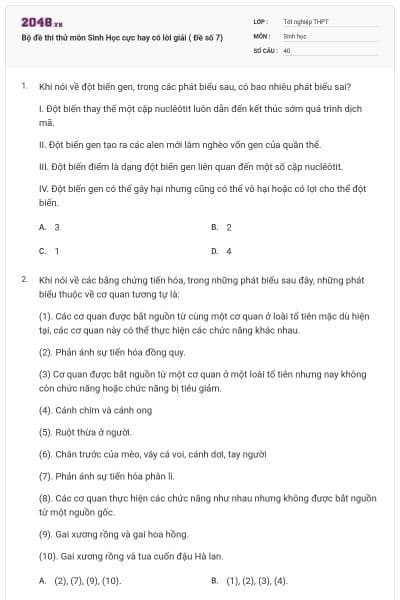 Bộ đề thi thử môn Sinh Học cực hay có lời giải ( Đề số 7)