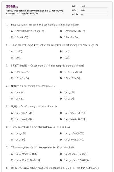 12 câu Trắc nghiệm Toán 9 Cánh diều Bài 2. Bất phương trình bậc nhất một ẩn có đáp án