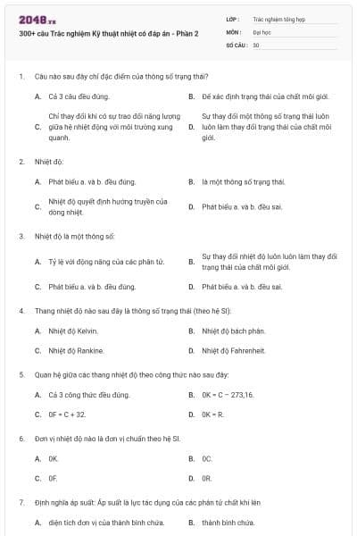 300+ câu Trắc nghiệm Kỹ thuật nhiệt có đáp án - Phần 2