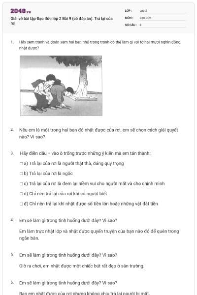 Giải vở bài tập Đạo đức lớp 2 Bài 9 (có đáp án): Trả lại của rơi