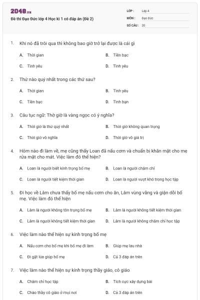 Đề thi Đạo Đức lớp 4 Học kì 1 có đáp án (Đề 2)