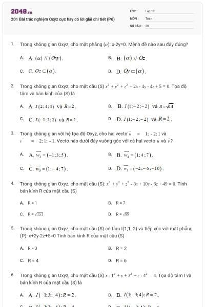 201 Bài trắc nghiệm Oxyz cực hay có lời giải chi tiết (P6)