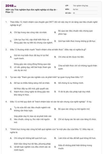 400+ câu Trắc nghiệm Đạo đức nghề nghiệp có đáp án - Phần 12
