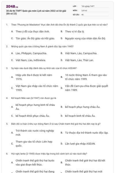 30 đề thi THPT Quốc gia môn Lịch sử năm 2022 có lời giải (Đề số 23)