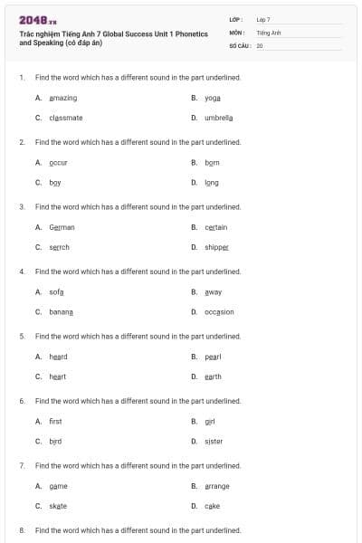 Trắc nghiệm Tiếng Anh 7 Global Success Unit 1 Phonetics and Speaking (có đáp án)