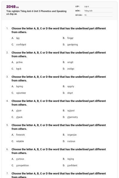 Trắc nghiệm Tiếng Anh 6 Unit 3 Phonetics and Speaking có đáp án