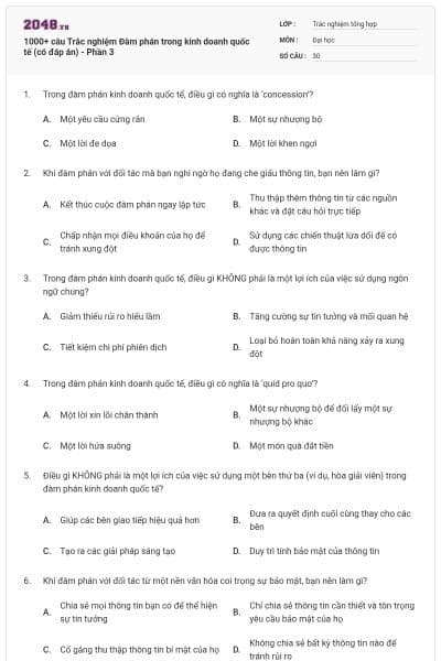1000+ câu Trắc nghiệm Đàm phán trong kinh doanh quốc tế (có đáp án) - Phần 3