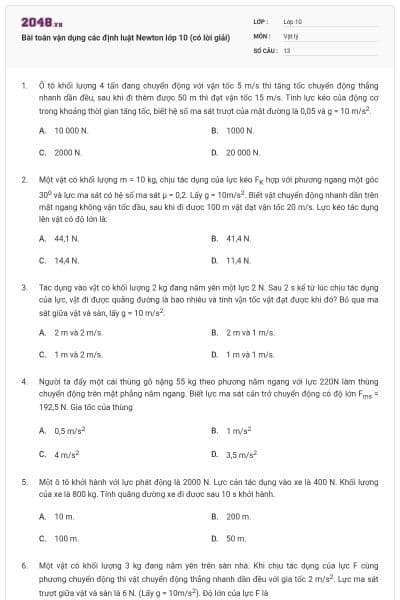 Bài toán vận dụng các định luật Newton lớp 10 (có lời giải)