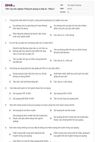 100+ câu trắc nghiệm Thông tin quang có đáp án - Phần 2