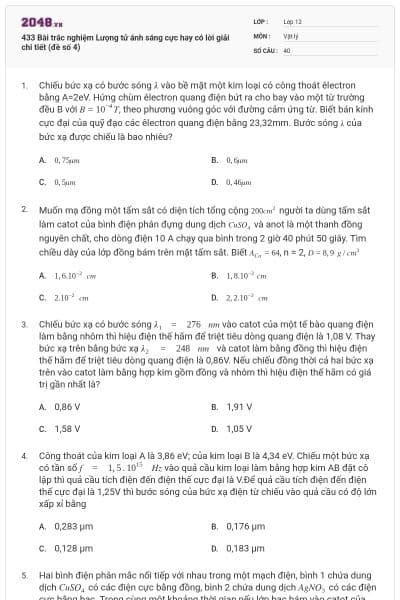 433 Bài trắc nghiệm Lượng tử ánh sáng cực hay có lời giải chi tiết (đề số 4)
