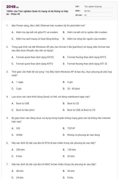 1000+ câu Trắc nghiệm Quản trị mạng và hệ thống có đáp án - Phần 49