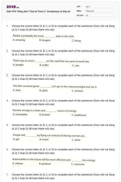 Giải VTH Tiếng Anh 7 End of Term 2. Vocabulary có đáp án