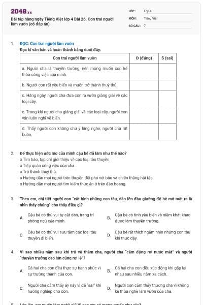 Bài tập hàng ngày Tiếng Việt lớp 4 Bài 26. Con trai người làm vườn (có đáp án)