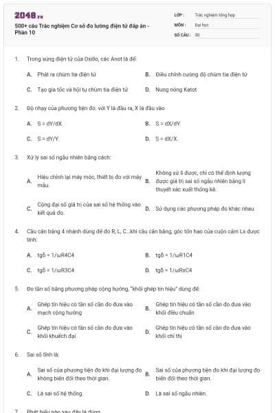 500+ câu Trắc nghiệm Cơ sở đo lường điện tử đáp án - Phần 10