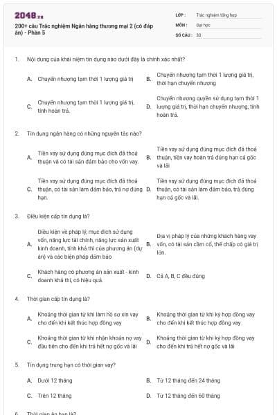 200+ câu Trắc nghiệm Ngân hàng thương mại 2 (có đáp án) - Phần 5