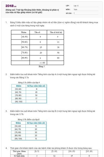 (Đúng sai) 7 bài tập Khoảng biến thiên, khoảng tứ phân vị của mẫu số liệu ghép nhóm (có lời giải)