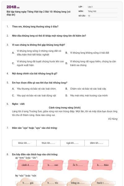 Bài tập hàng ngày Tiếng Việt lớp 2 Bài 10: Khủng long (có đáp án)