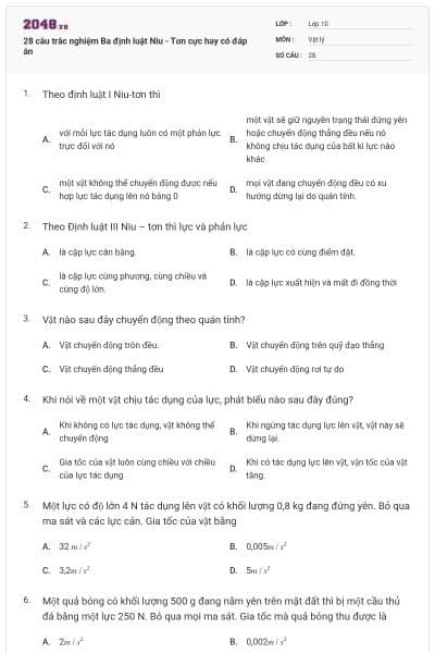 28 câu trắc nghiệm Ba định luật Niu - Tơn cực hay có đáp án