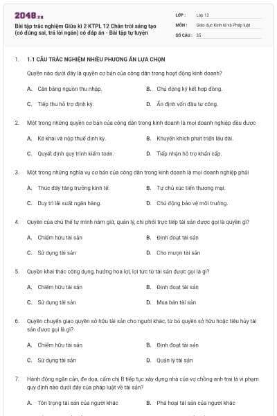 Bài tập trắc nghiệm Giữa kì 2 KTPL 12 Chân trời sáng tạo (có đúng sai, trả lời ngắn) có đáp án - Bài tập tự luyện