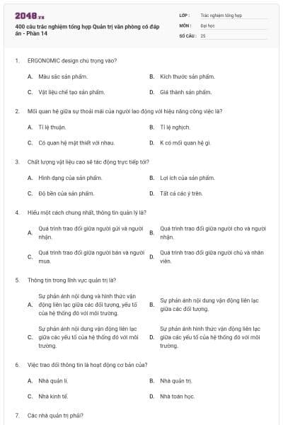 400 câu trắc nghiệm tổng hợp Quản trị văn phòng có đáp án - Phần 14