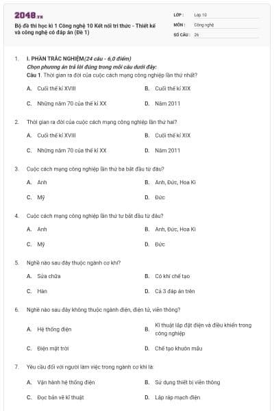 Bộ đề thi học kì 1 Công nghệ 10 Kết nối tri thức - Thiết kế và công nghệ có đáp án (Đề 1)