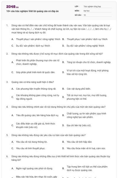 10+ câu trắc nghiệm Viết lời quảng cáo có đáp án