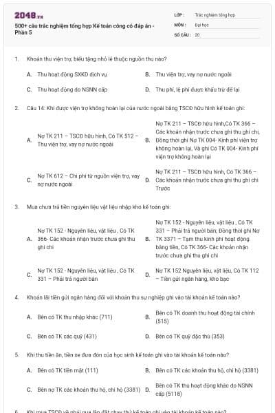 500+ câu trắc nghiệm tổng hợp Kế toán công có đáp án - Phần 5