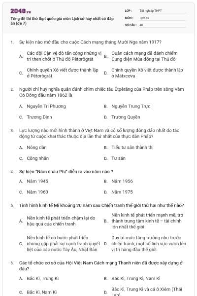 Tổng đề thi thử thpt quốc gia môn Lịch sử hay nhất có đáp án (đề 7)