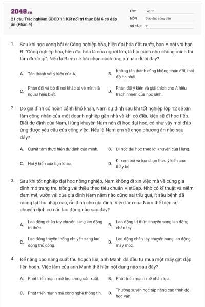 21 câu Trắc nghiệm GDCD 11 Kết nối tri thức Bài 6 có đáp án (Phần 4)