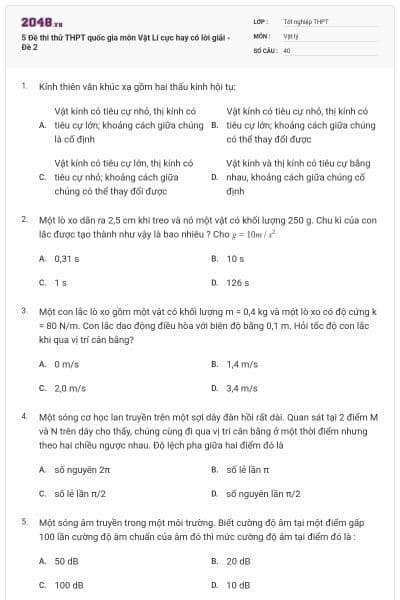 5 Đề thi thử THPT quốc gia môn Vật Lí cực hay có lời giải - Đề 2
