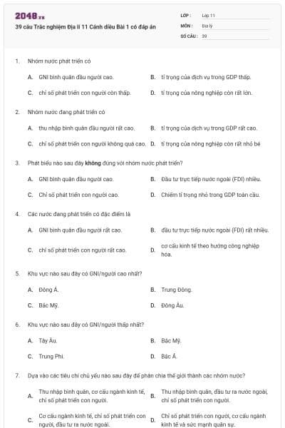 39 câu Trắc nghiệm Địa lí 11 Cánh diều Bài 1 có đáp án