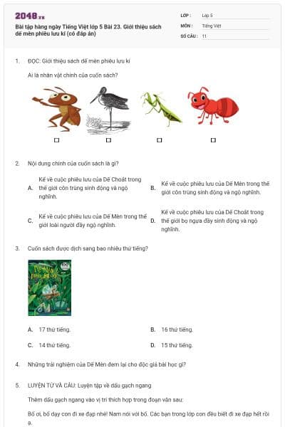 Bài tập hàng ngày Tiếng Việt lớp 5 Bài 23. Giới thiệu sách dế mèn phiêu lưu kí (có đáp án)
