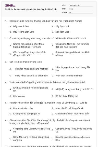 20 Đề thi thử thpt quốc gia môn Địa lí có đáp án (Đề số 14)