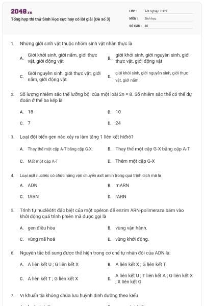 Tổng hợp thi thử Sinh Học cực hay có lời giải (Đề số 3)