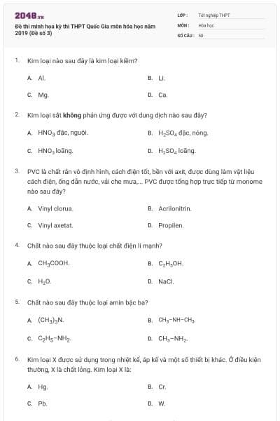 Đề thi minh họa kỳ thi THPT Quốc Gia môn hóa học năm 2019 (Đề số 3)