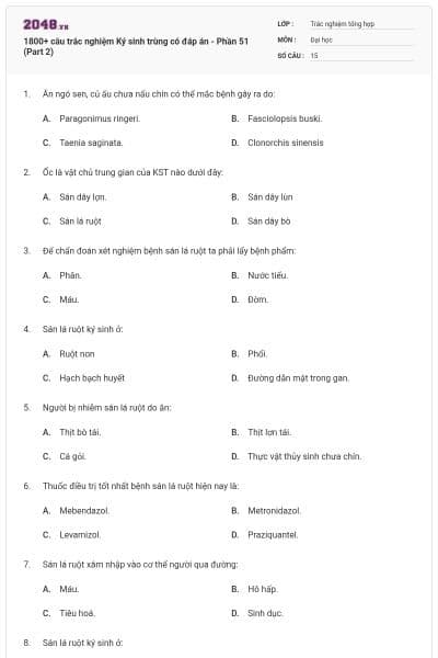 1800+ câu trắc nghiệm Ký sinh trùng có đáp án - Phần 51 (Part 2)