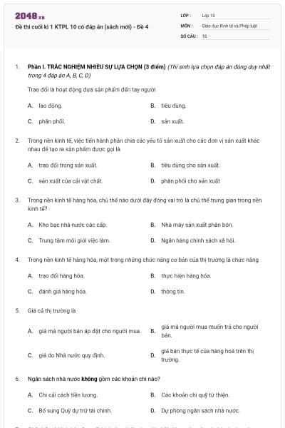 Đề thi cuối kì 1 KTPL 10 có đáp án (sách mới) - Đề 4
