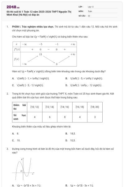 Đề thi cuối kì 1 Toán 12 năm 2025-2026 THPT Nguyễn Thị Minh Khai (Hà Nội) có đáp án