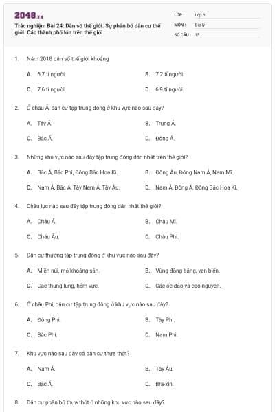 Trắc nghiệm Bài 24: Dân số thế giới. Sự phân bố dân cư thế giới. Các thành phố lớn trên thế giới