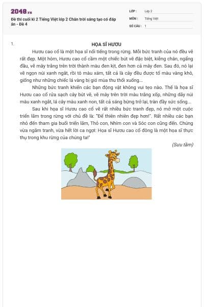 Đề thi cuối kì 2 Tiếng Việt lớp 2 Chân trời sáng tạo có đáp án - Đề 4