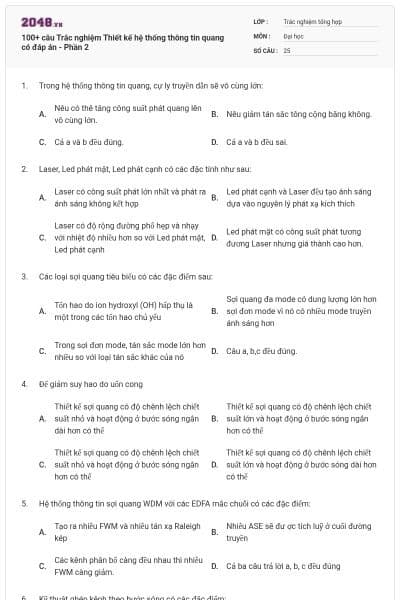 100+ câu Trắc nghiệm Thiết kế hệ thống thông tin quang có đáp án - Phần 2