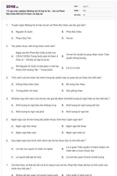 15 câu trắc nghiệm Những trò lố hay là Va - ren và Phan Bội Châu Kết nối tri thức có đáp án