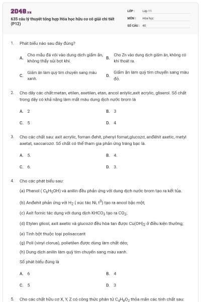 635 câu lý thuyết tổng hợp Hóa học hữu cơ có giải chi tiết (P12)